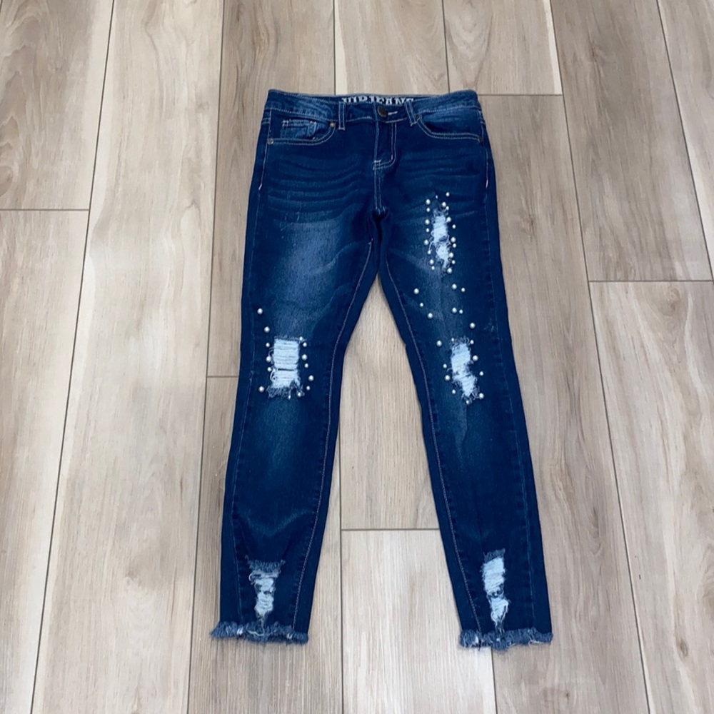 EUC Girls V.I.P. Brand Teen Tween Size 12 Jeans Denim Distressed with Pearls